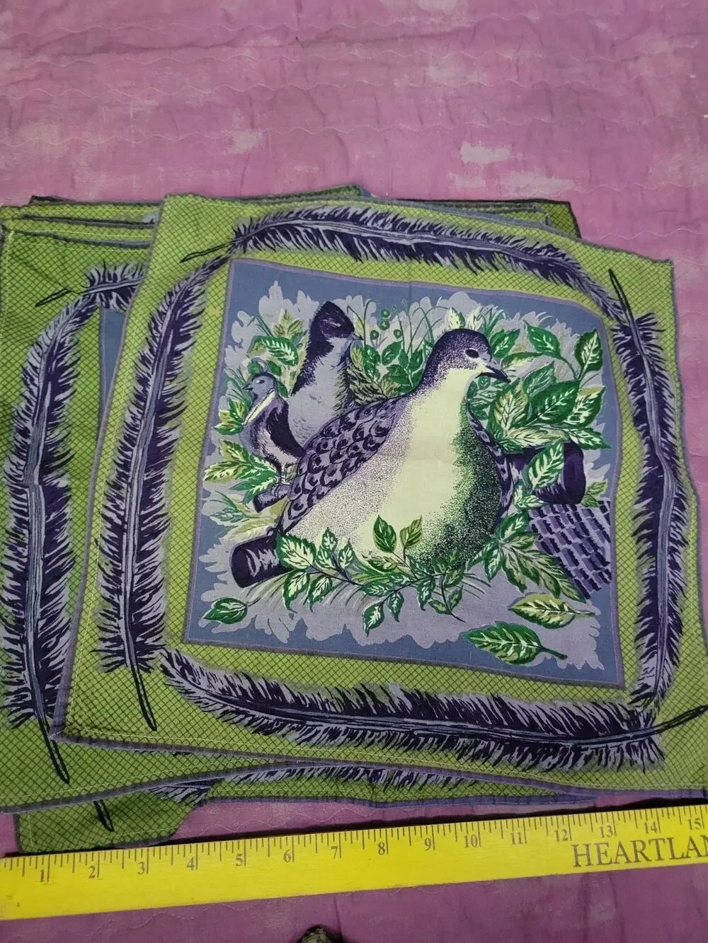 Purple And Green Quail Vintage Set Of 12 Fabric Napkins
